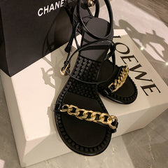 Ilana Black Ankle Strap Sandals Heels with Gold Chain Newgew