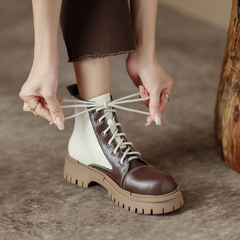 Heidi Lace up Patchwork Leather Boots Newgew