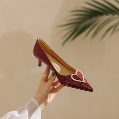 Hailey Patent Leather Pointy Toe Handmade Kitten Heels with Heart Decor Newgew