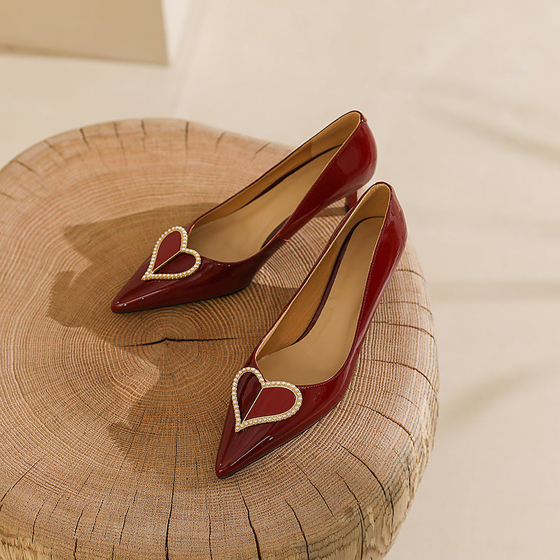 Hailey Patent Leather Pointy Toe Handmade Kitten Heels with Heart Decor Newgew