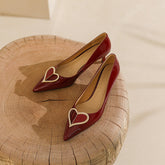 Hailey Patent Leather Pointy Toe Handmade Kitten Heels with Heart Decor Newgew