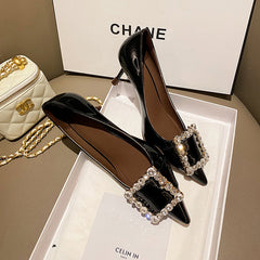 Gitty Pointed Toe Black Heels with Rhinestones Newgew