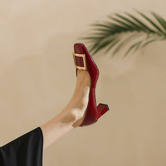 Hadley Patent Leather Square Toe Handmade Low Heels with Square Buckle Newgew