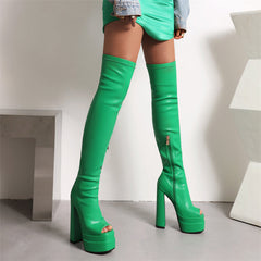 Goldy Open Toe Green Thigh High Boots Newgew