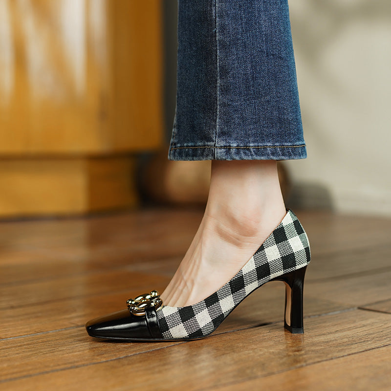 Dana Plaid Patchwork Mid Heel Slip on Pumps NEW GEW