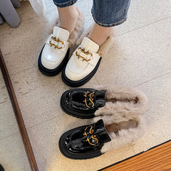 Zayda Genuine Leather Platform Chunky Mules with Fur Newgew