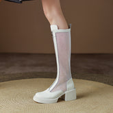 White Mesh Knee High Boots with Heels Newgew