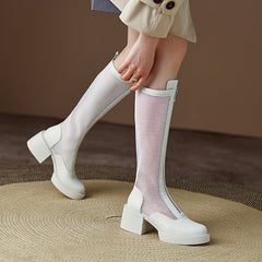 White Mesh Knee High Boots with Heels Newgew