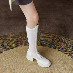 White Mesh Knee High Boots with Heels Newgew