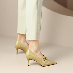 Maya Yellow Pointed Toe Heels with Gold Chain newgew