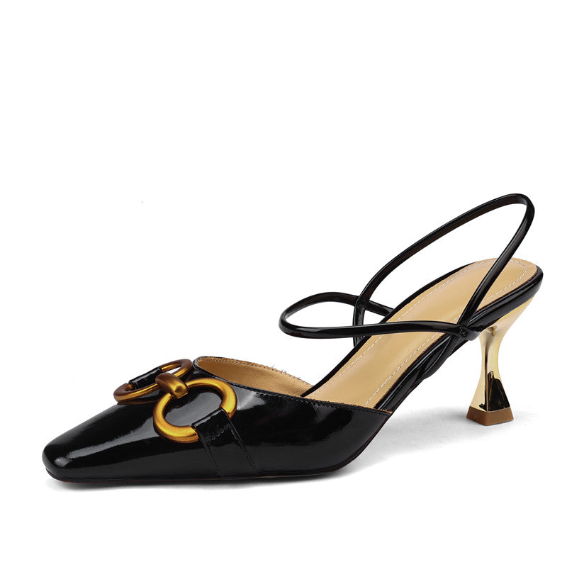 Fiona Black Kitten Heels with Gold Chain Newgew