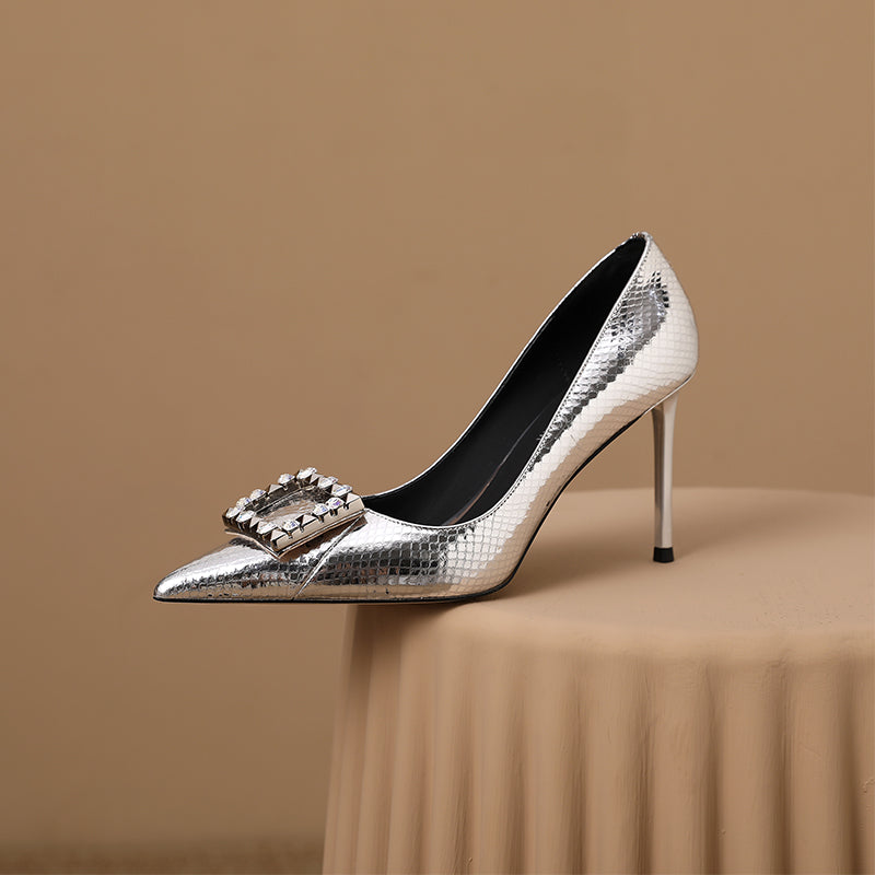 Macie Snakeskin Silver Heels with Rhinestones newgew