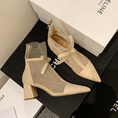 Dianna Chunky Heel Mesh Ankle Boots with Bow NEW GEW