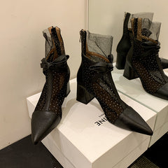 Dianna Chunky Heel Mesh Ankle Boots with Bow NEW GEW