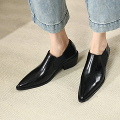 Harleen Retro Pointy Toe Genuine Leather Chunky Heel Handmade Pumps Newgew