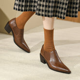 Harleen Retro Pointy Toe Genuine Leather Chunky Heel Handmade Pumps Newgew