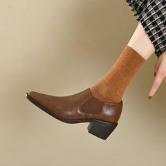 Harleen Retro Pointy Toe Genuine Leather Chunky Heel Handmade Pumps Newgew