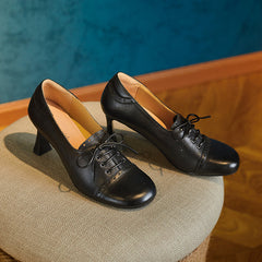 Harlowe Retro Genuine Leather Handmade Round Toe Lace up Kitten Heels Newgew