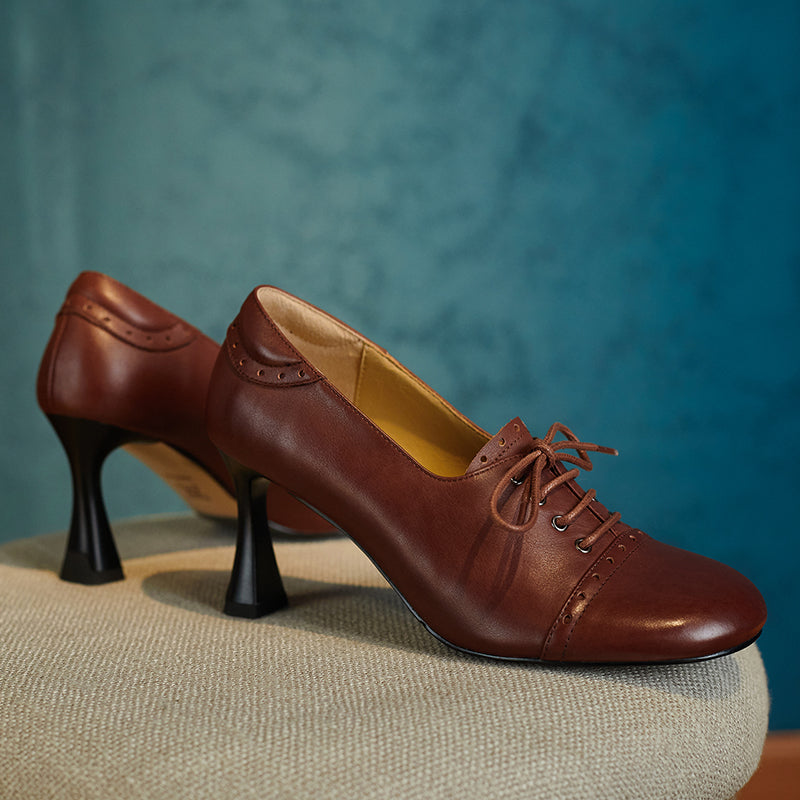 Harlowe Retro Genuine Leather Handmade Round Toe Lace up Kitten Heels Newgew