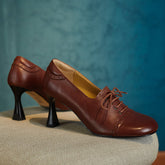 Harlowe Retro Genuine Leather Handmade Round Toe Lace up Kitten Heels Newgew