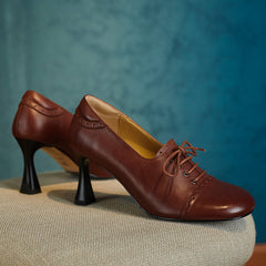 Harlowe Retro Genuine Leather Handmade Round Toe Lace up Kitten Heels Newgew