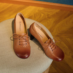 Harlowe Retro Genuine Leather Handmade Round Toe Lace up Kitten Heels Newgew