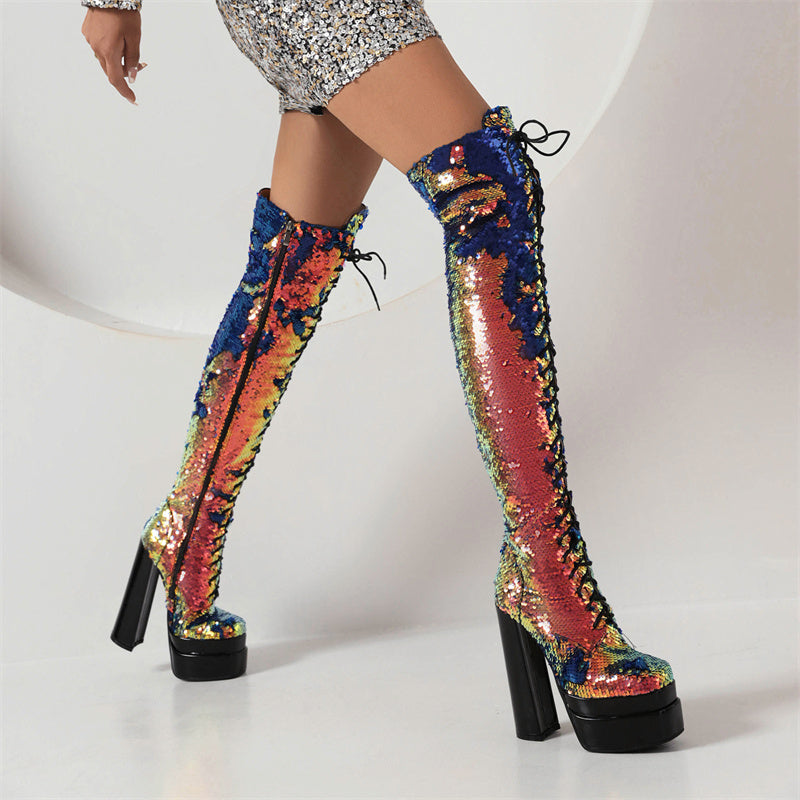 Hazel Gold Sequin Thigh High Boots Newgew