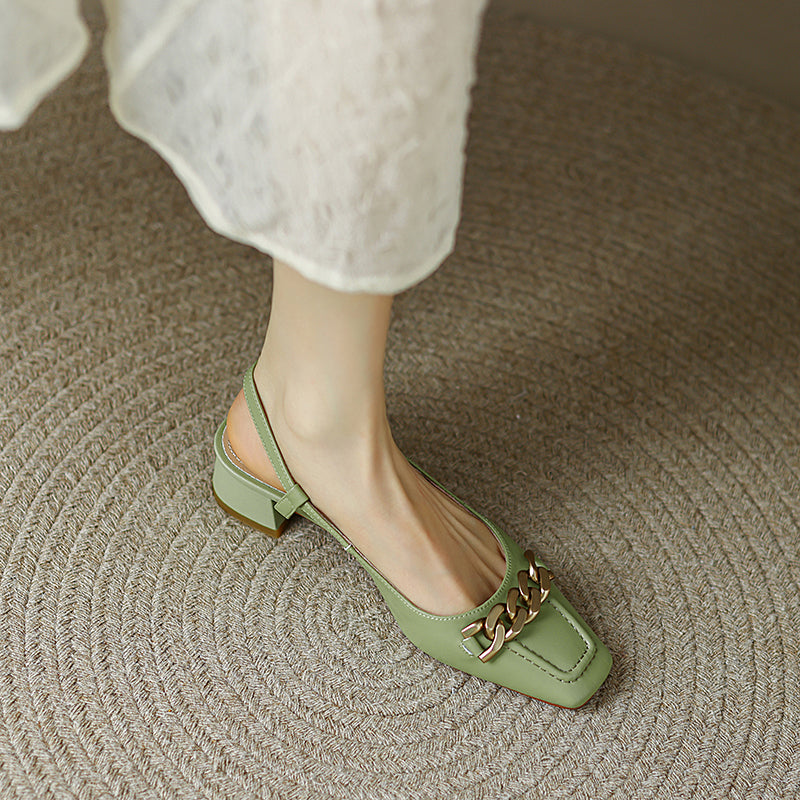 Iyana Square Toe Green Slingback Heels with Gold Chain newgew