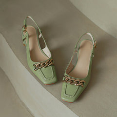 Iyana Square Toe Green Slingback Heels with Gold Chain newgew