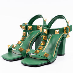 Ezra Studded Green Chunky Heel Sandals NEW GEW