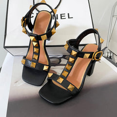 Ezra Studded Black Chunky Heel Sandals NEW GEW