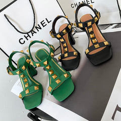 Ezra Studded Green Chunky Heel Sandals NEW GEW