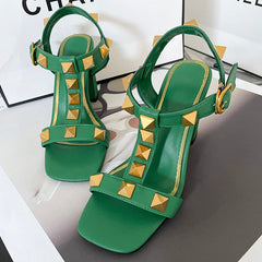 Ezra Studded Green Chunky Heel Sandals NEW GEW