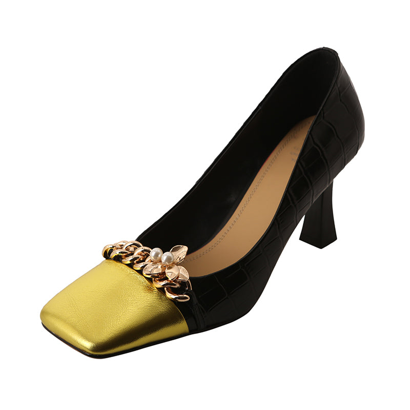 Emi Black and Gold Chain Square Toe Heels NEW GEW