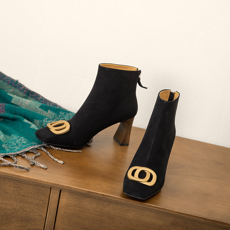 Iqra Suede Black Block Heel Ankle Boots Newgew