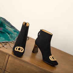 Iqra Suede Black Block Heel Ankle Boots Newgew
