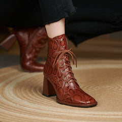 Husna Brown Square Toe Lace up Boots Newgew