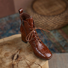 Husna Brown Square Toe Lace up Boots Newgew