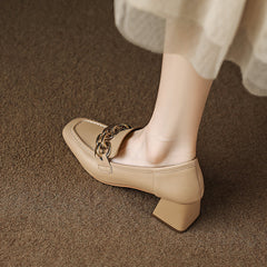 Isela Nude Square Toe Loafer Heels with Gold Chain Newgew