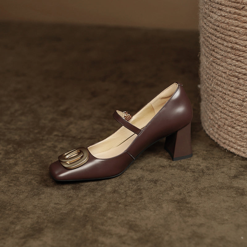 Inara Square Toe Mary Jane Chunky Heels Brown Newgew
