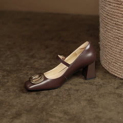 Inara Square Toe Mary Jane Chunky Heels Brown Newgew