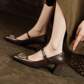 Inara Square Toe Mary Jane Chunky Heels Brown Newgew