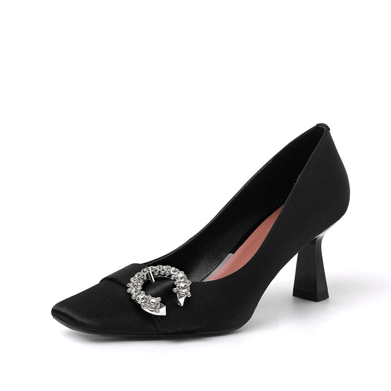 Greta Black Satin Heels Newgew