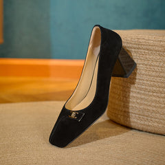 Hayzel Suede Leather Square Toe Mid Chunky Heel Handmade Pumps Newgew