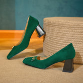 Hayzel Suede Leather Square Toe Mid Chunky Heel Handmade Pumps Newgew