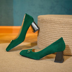 Hayzel Suede Leather Square Toe Mid Chunky Heel Handmade Pumps Newgew