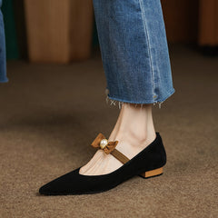 Ines Pointed Toe Flats with Bow and Pearl Newgew