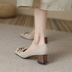 Isa Nude Suede Heels with Gold Chain Tassel Newgew