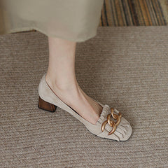 Isa Nude Suede Heels with Gold Chain Tassel Newgew