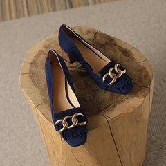 Isa Navy Suede Pumps with Gold Chain Tassel Newgew